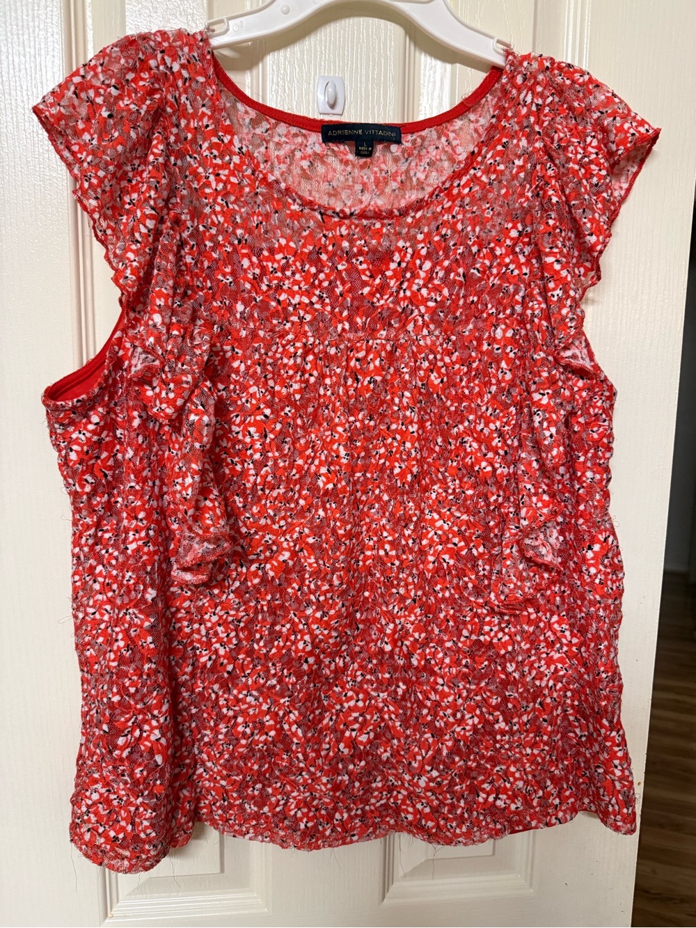 Adrienne Vittadini Orange Floral Ruffle Cap-Sleeve Top